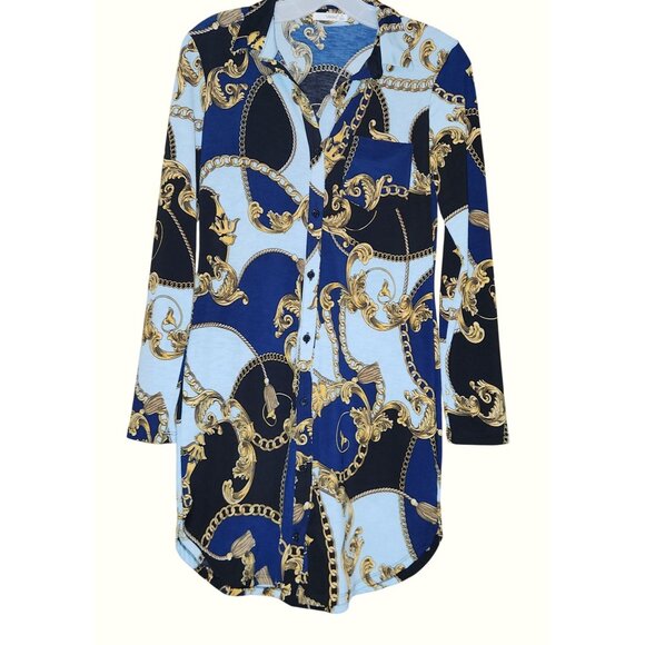 Gold Chain Print Long Sleeve Button-Up Tunic Top Ladies Size M EUC - Picture 1 of 6